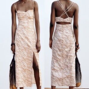 Zara Linen Blend Tan & White Zebra Stripe Midi-Maxi Dress Size XS